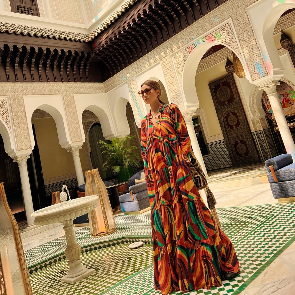 Orange and Black Long Sleeve Ruffled Resort Sundress